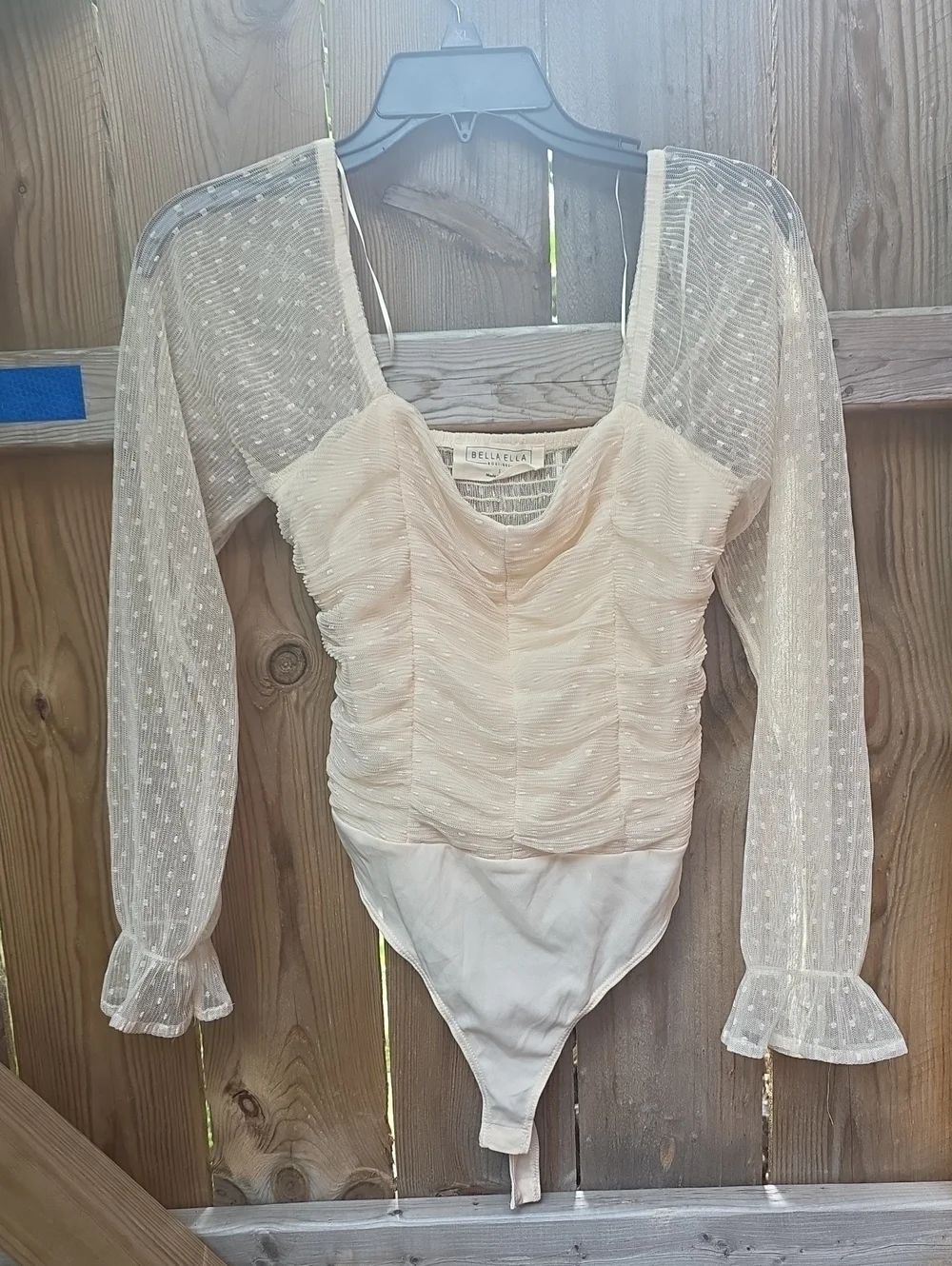 Sheer Dot Sleeve Ruched Bodysuit - Cream